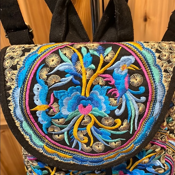 Vibrant Multi-Color Embroidered Backpack with Bird and Floral Design - Picture 2 of 12